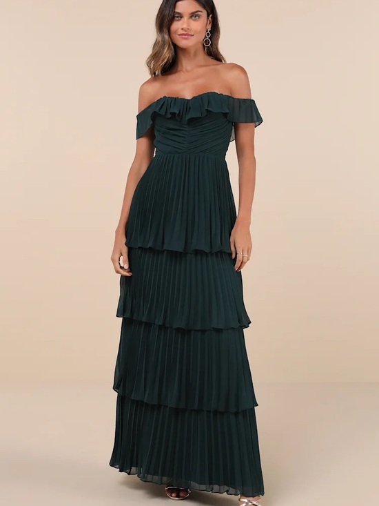 Lulus Dresses & Skirts - Lulu's Dark Green Off-Shoulder Tiered Pleated Maxi Dress
